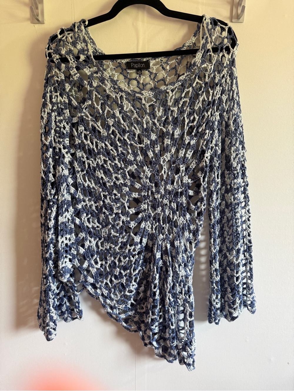 Papillon Blue & White Open Crochet Knit Draped Cardigan L/XL